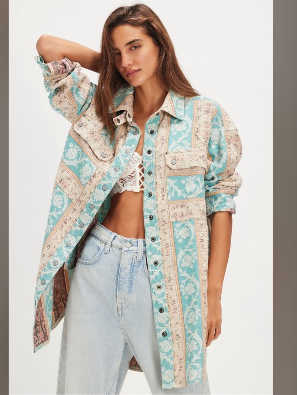 NWOT We The Free Wonderland Fog Jacquard Shirt Blue Combo
